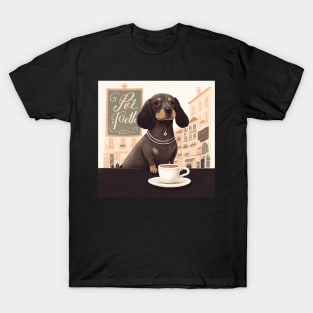 Cute Dachshund Dog in a French Bistro Coffee Illustration T-Shirt